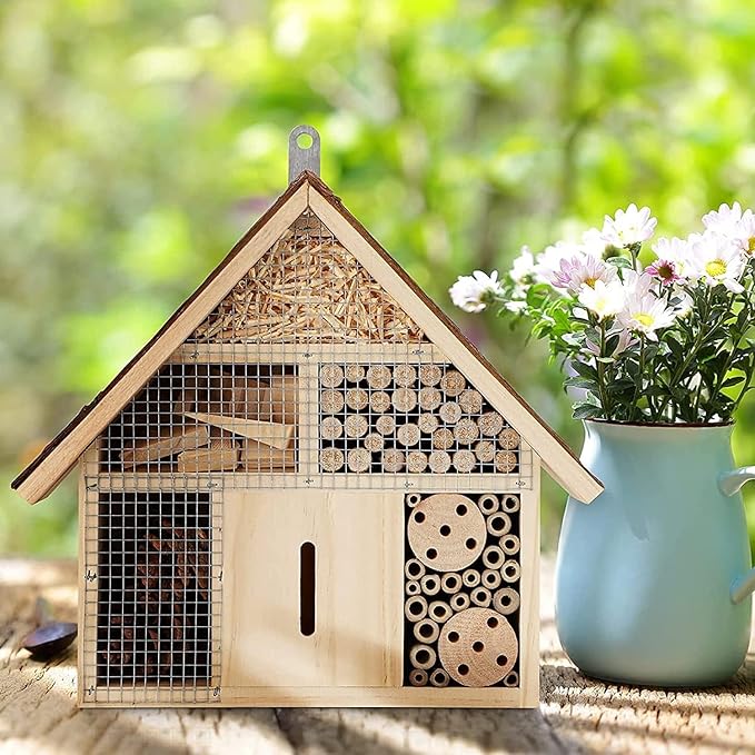 Small Insect Hotel with Bark Roof - Untreated Natural Wood Insect House for Bees, Ladybugs, Lacewings & Butterflies - Nesting Aid for Hanging, Bee Hotel