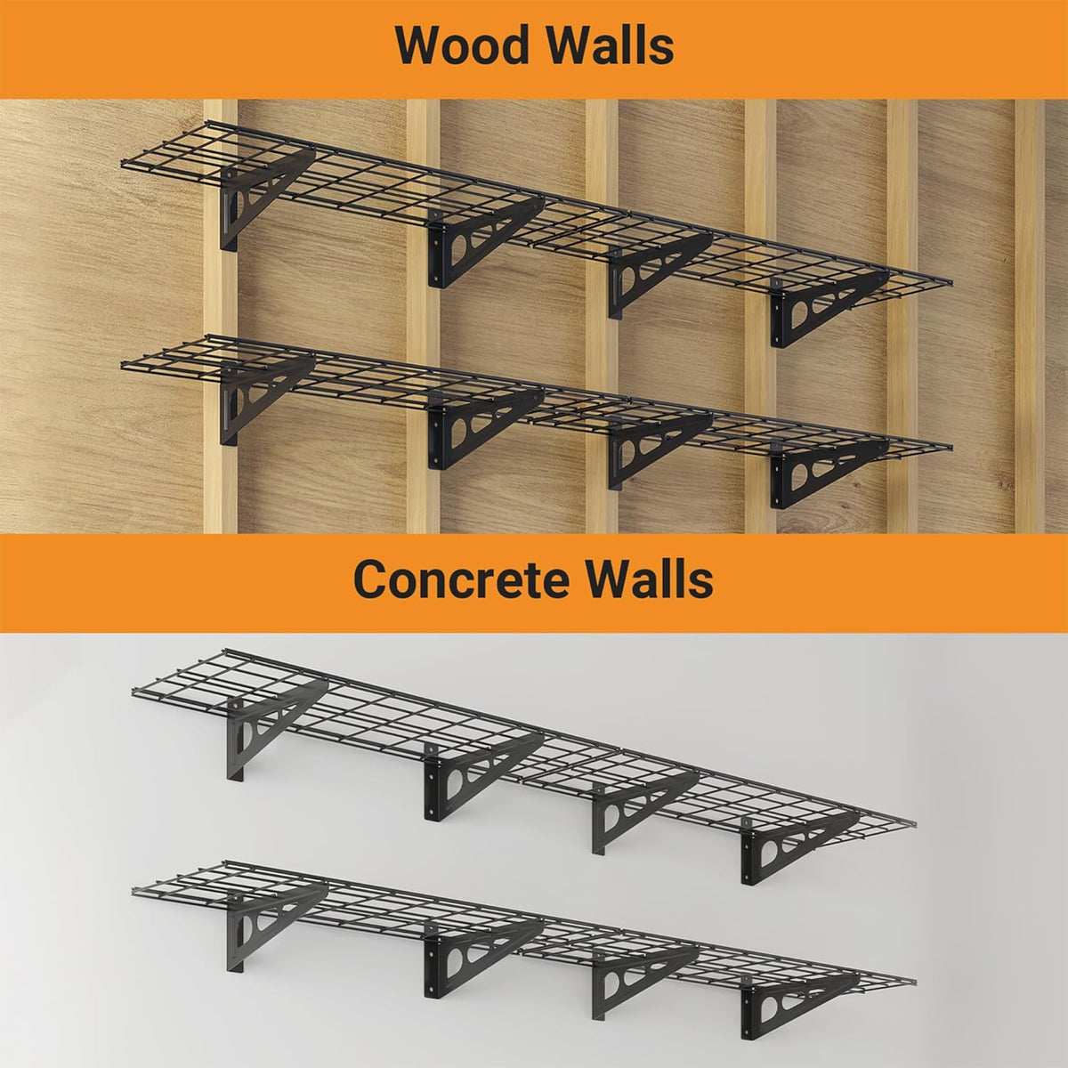 1x6 ft Garage Shelving, 2-Pack Wall-Mounted Shelves for Garage, Kitchen, Pantry Storage, 600 lbs Total Load Capacity Shelving, Black