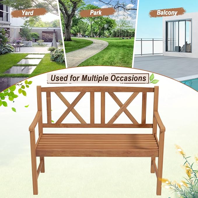Giantex Patio Garden Bench Loveseat - 2-Person Acacia Wood Bench with Armrest, Backrest, Sturdy Frame, 800lbs Capacity, Outside Park Bench for Patio, Yard, Front Porch, Outdoor Garden Bench, Natural