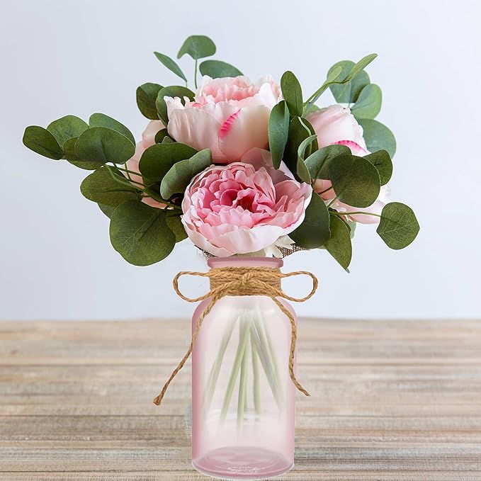 Vintage Glass Flower Vase,6 Pack Pink Farmhouse Glass Centerpiece Vases Mason Jars for Weddings, Parties & Home Decor Bulk (6, Pink)