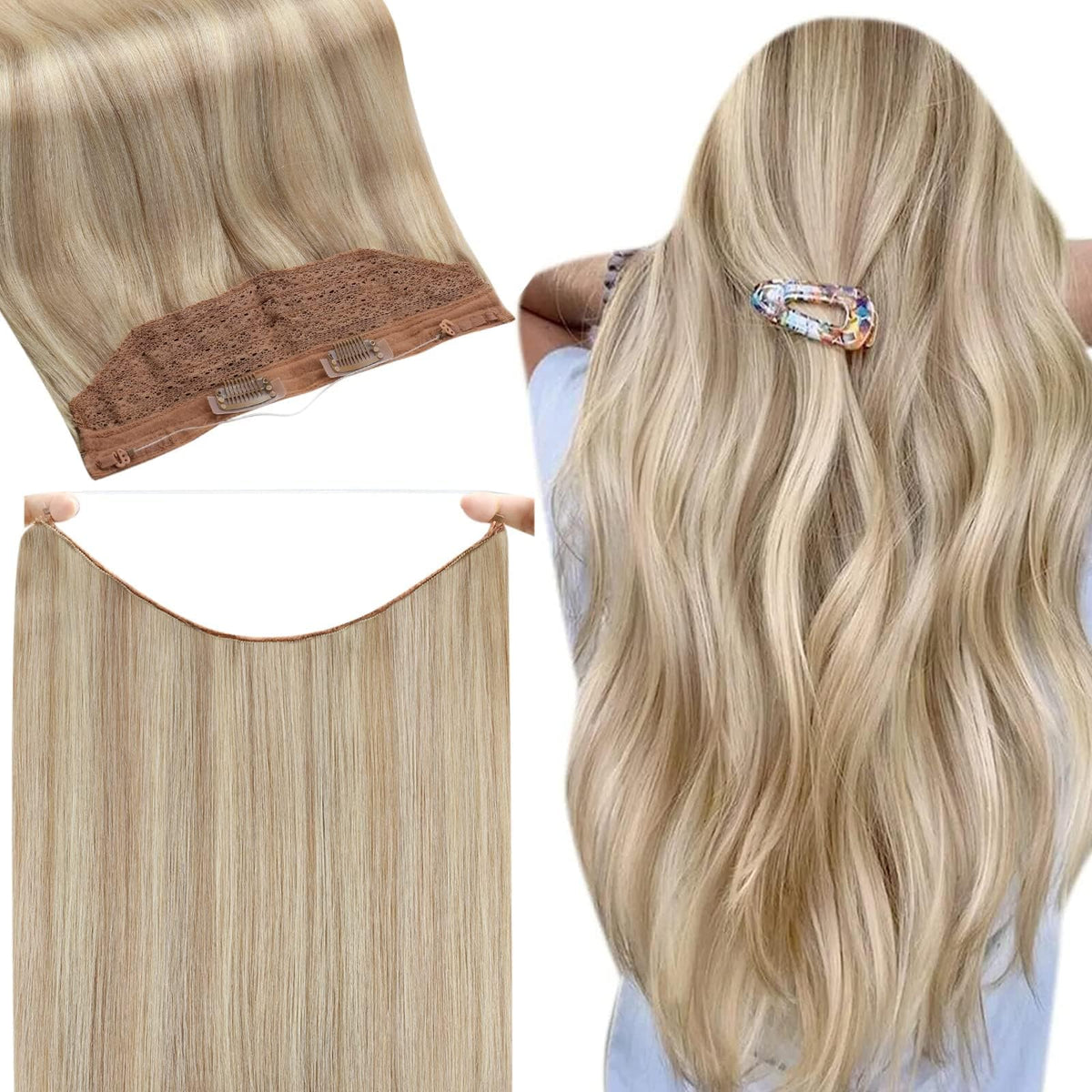 Fshine Invisible Wire Hair Extensions Real Human Hair Ash Blonde Highlighted Bleach Blonde Fish Line Layered Wire Human Hair Ext