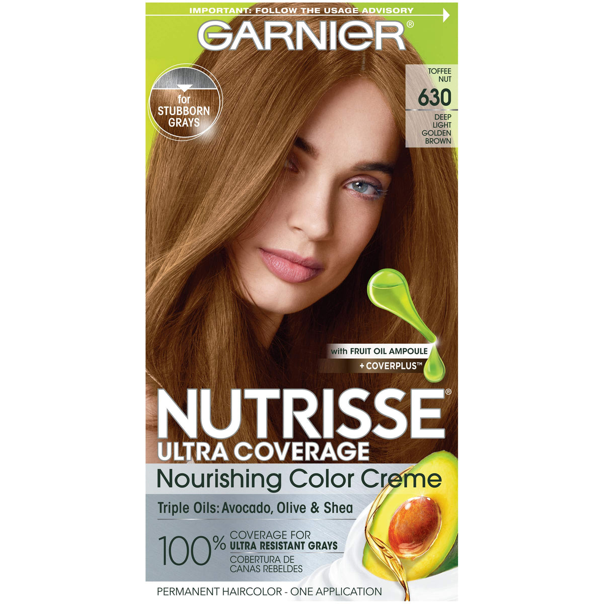 Garnier Hair Color Nutrisse Ultra Coverage Nourishing Creme, 630 Deep Light Golden Brown (Toffee Nut) Permanent Hair Dye, 1 Coun
