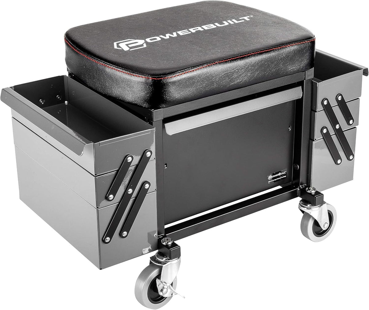 Powerbuilt Rolling Seat with Expandable Tool Trays, Roller Toolbox Garage Stool - Grey 941918ECE