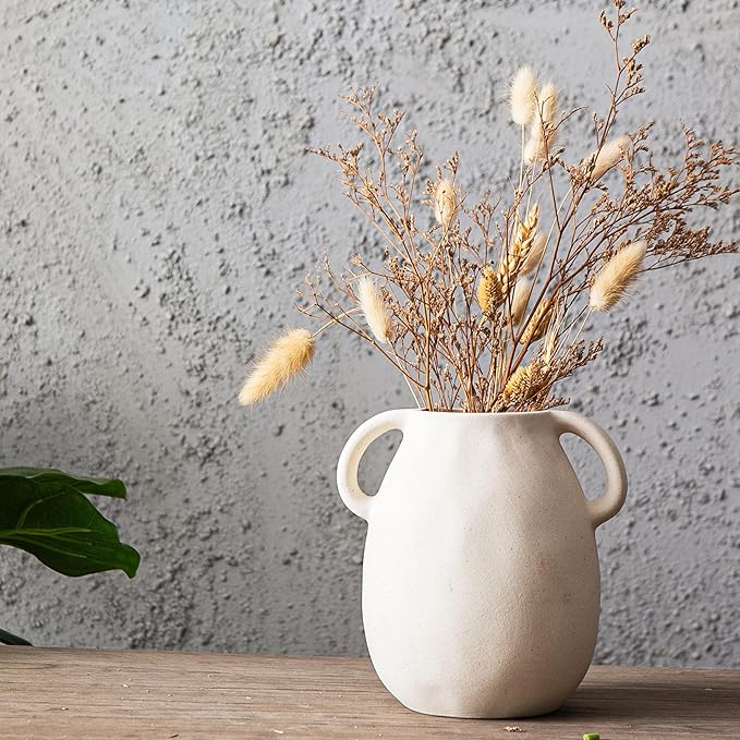 Kimdio White Ceramic Vase with 2 Handles – Sand-Glazed Clay Pottery Vase for Dried Flowers, Rustic Modern Table Decor, Farmhouse Boho Shelf Decoration