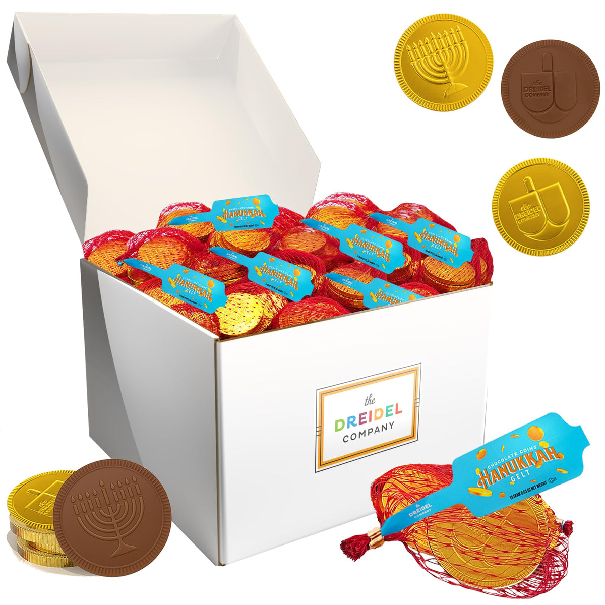 The Dreidel Company Hanukkah Chocolate Gelt Gold Coins in Mesh Bag, Milk Chocolate Coins, Kosher Certified Gelt (100 Mesh Bags)