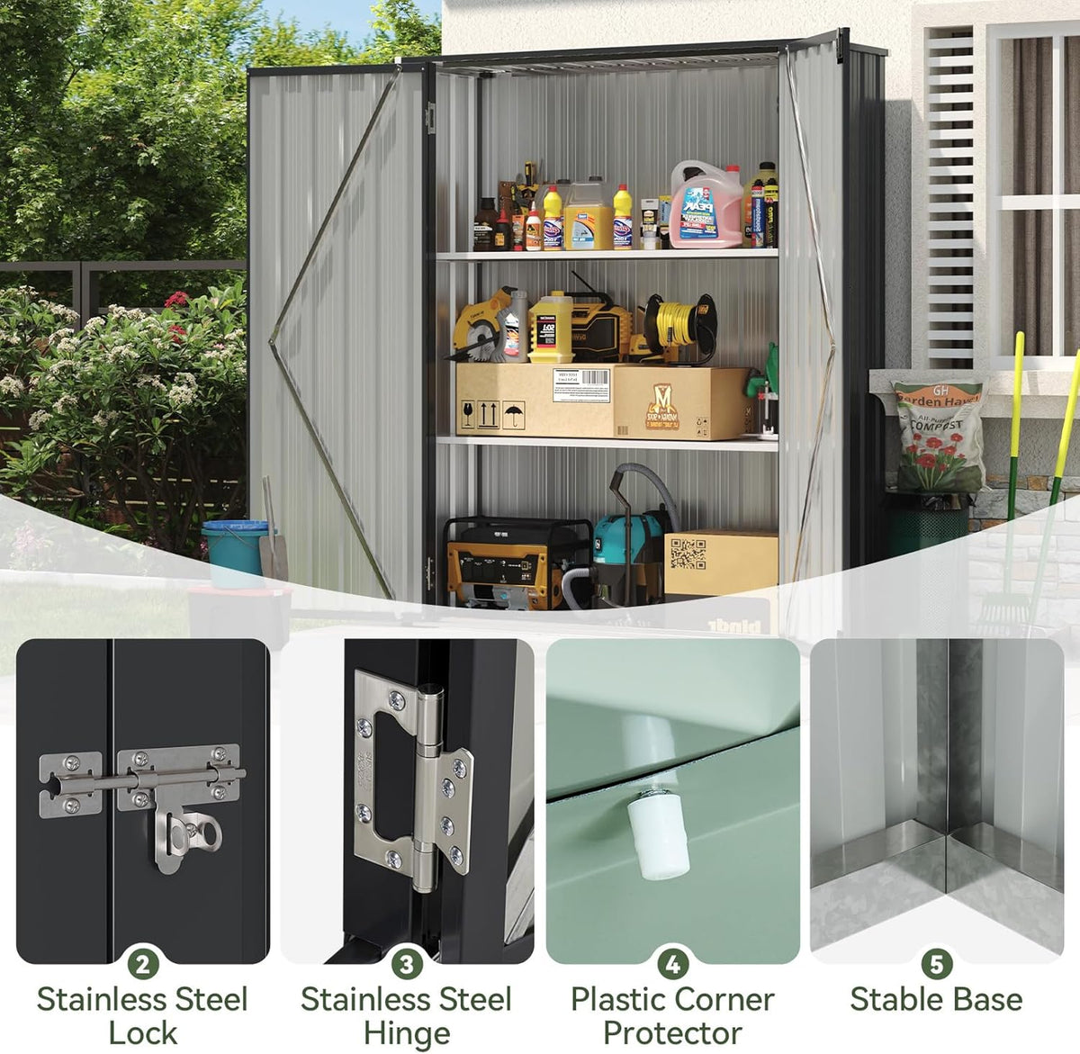 Aoxun 55x19 in Outdoor Storage Cabinet Metal Garden Shed with 2 Adjustable Shelves 3 Layer Indoor& Outdoor Waterproof Vertical Storage Shed for Patio Garden, Garage, Porch (Black, 40 Cu.Ft)