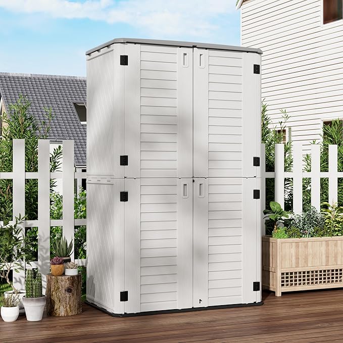 Outdoor Storage Cabinet Waterproof,Resin Vertical Storage Shed Lockable, 66 Cubic Feet Outdoor Storage Box for Garden/Backyard/Home/Pool