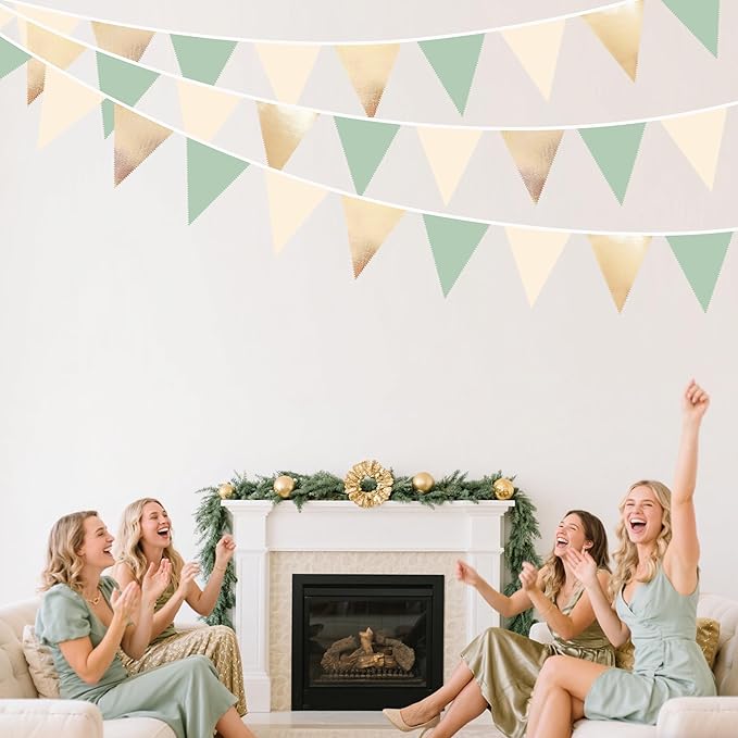 Sage Green Beige Champagne Gold Party Decorations Metallic Fabric Triangle Pennant Banner Bunting Flag Garland for Baby Shower Birthday Wedding Engagement Bridal Shower Graduation Decoration Supplies