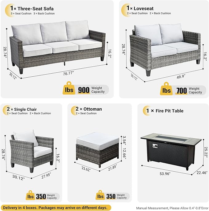 ovios 7 Pieces Patio Furniture Set with 54" Fire Pit Table, Outdoor Wicker Sofa with Comfy Cushions, All Weather High Back Rattan Couch Conversation Set, Grey