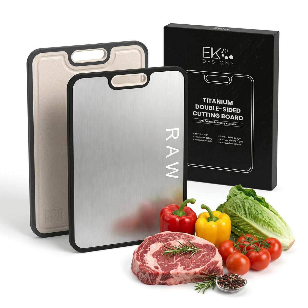 ELK DESIGNS Titanium Cutting Board - Double Sided Food Grade Chopping Board For Kitchen - Pure Titanium/PP, Non Porous Odor Resistant Cutting Board for Meat, Vegetables & Fruits, Large Size