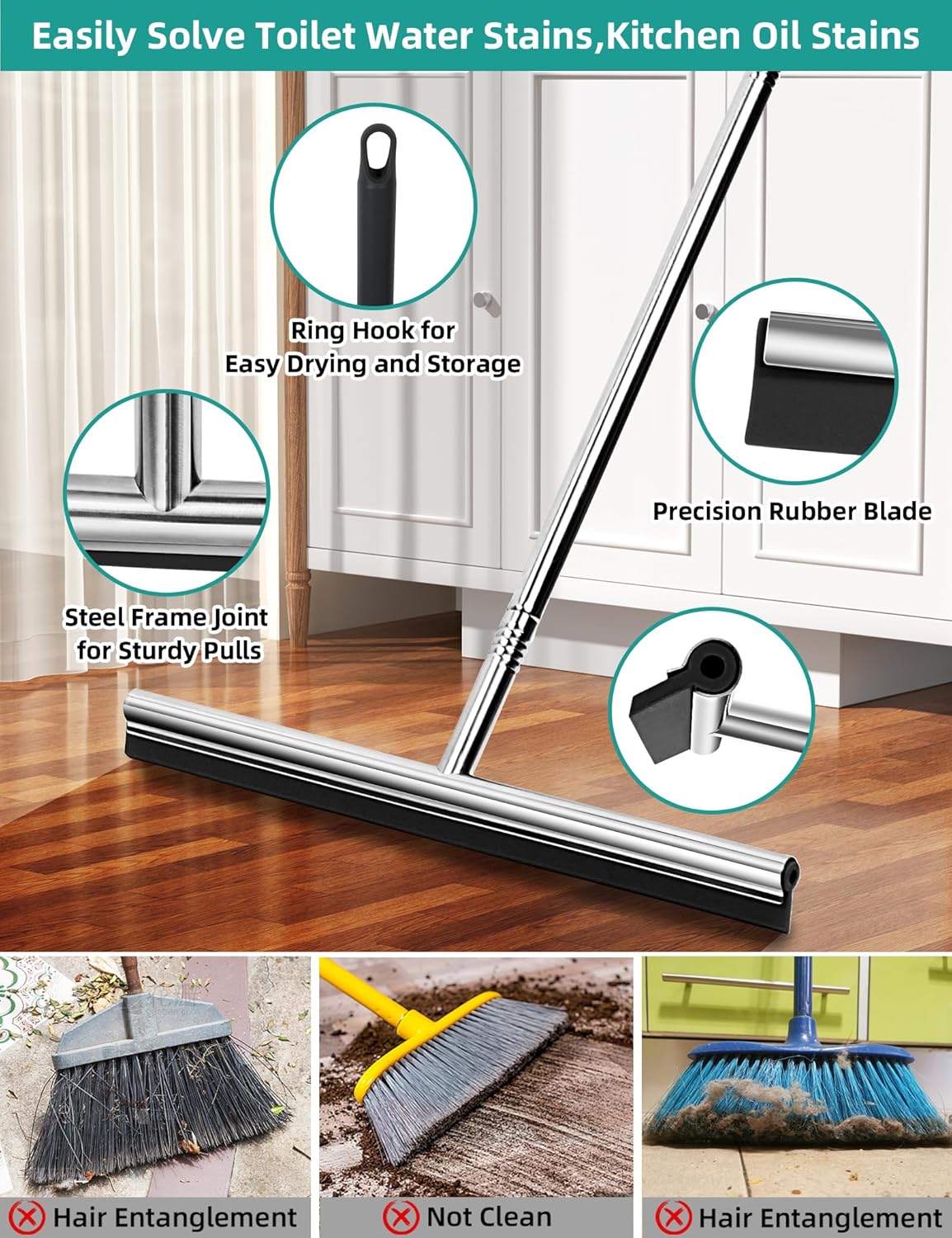 Floor Squeegee Scrubber 59inch Long Stainless Steel Handle with 15inch Wide Silicon Rubber Blade Squeegee Broom for Floor Washing and Drying Shower Glass, Garage, Window, Marble, Wood Surfaces