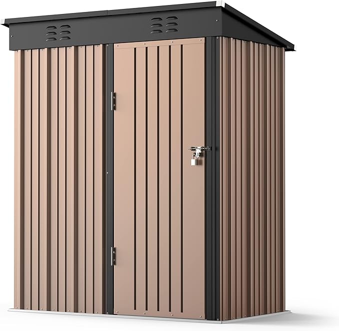 Gizoon 5' x 3' Outdoor Storage Shed with Singe Lockable Door,Galvanized Metal Shed with Air Vent Suitable for The Garden,Tiny House Storage Sheds Outdoor for Backyard Patio Lawn-Brown