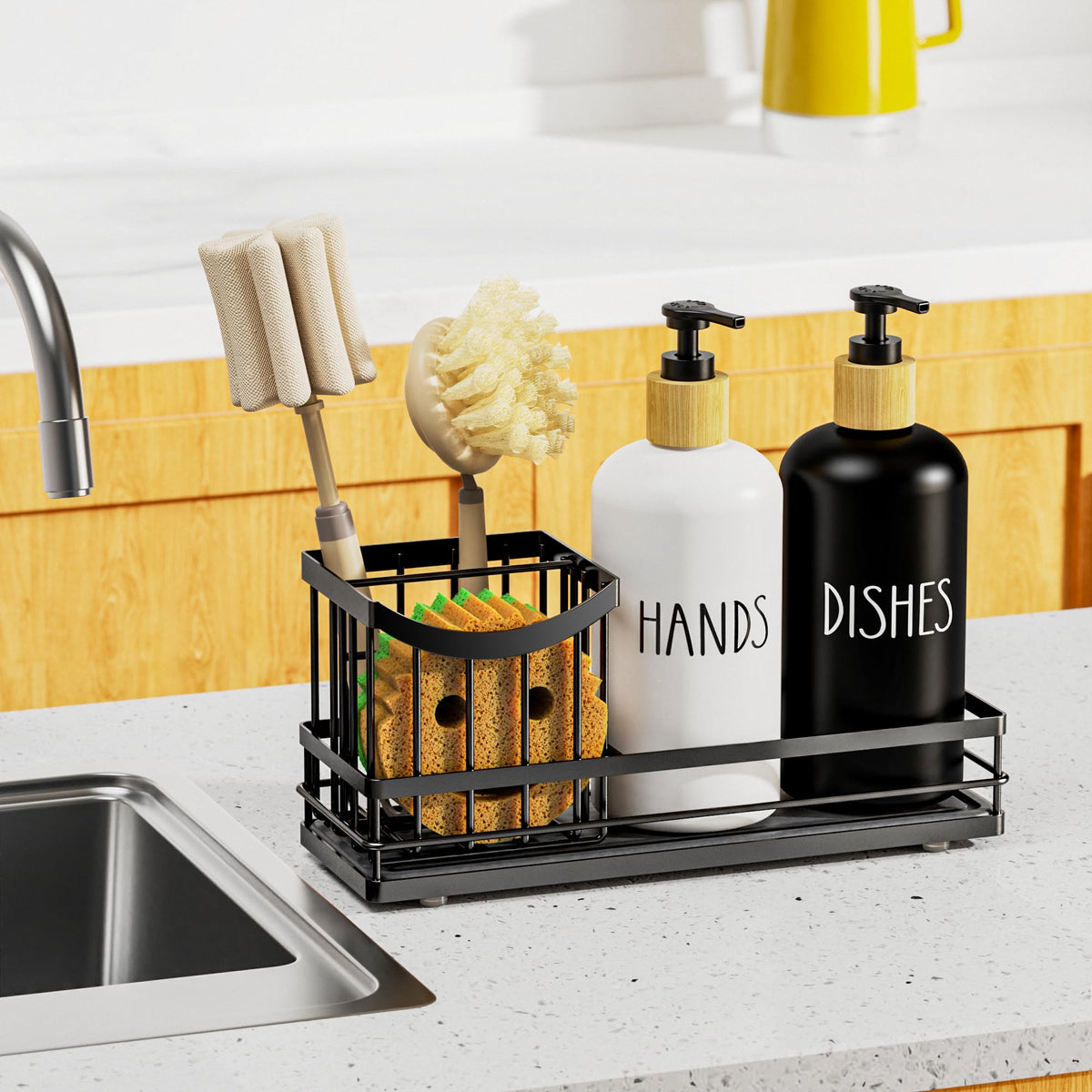 Moforoco Kitchen Dish Soap Dispenser Set, 16OZ Glass Bottle, Hand and Dish Soap Dispenser Set, Instant Dry Tray, Brush Holder with Smiley Face Sponge Holder (Universal Black Tray+Black&White Bottle)
