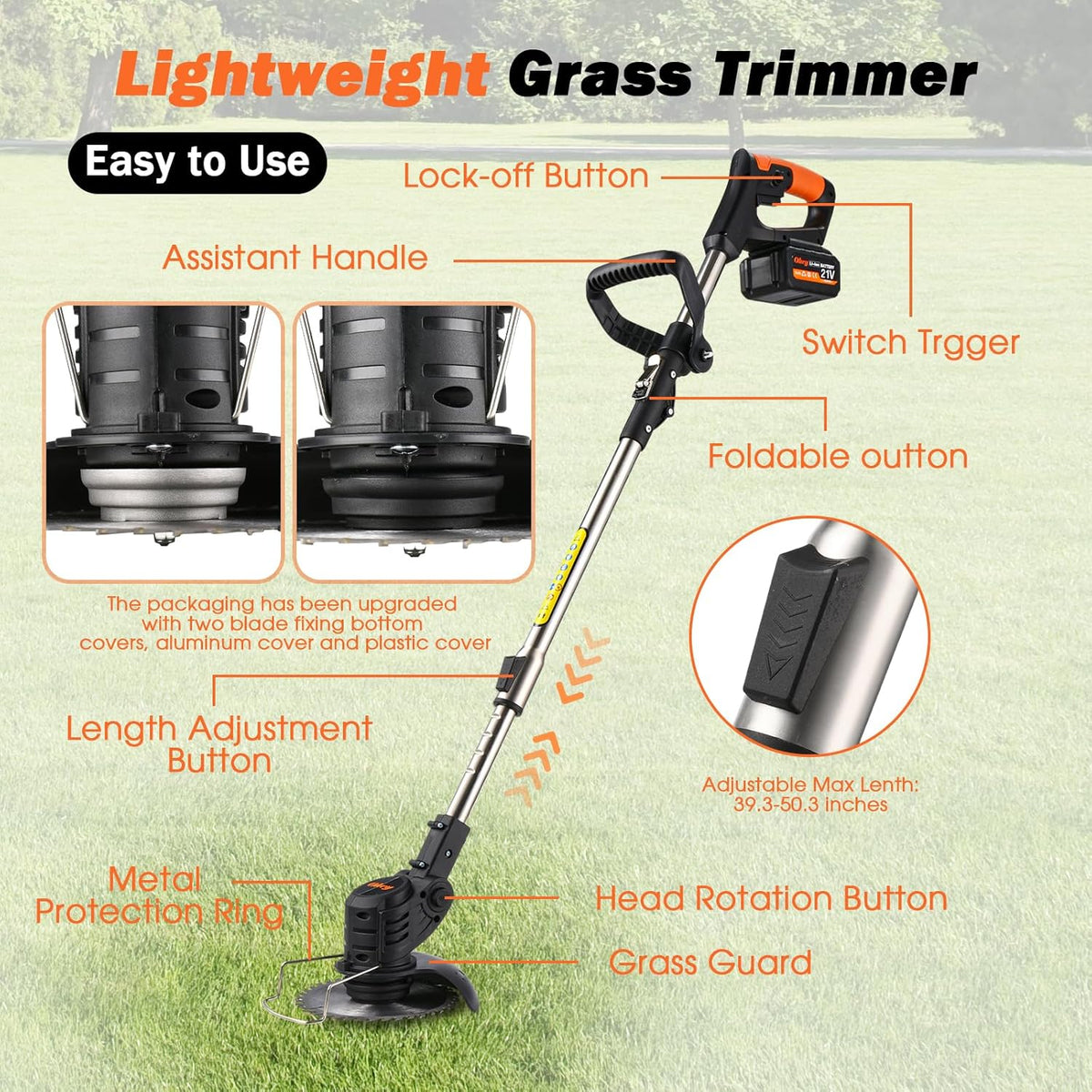 Cordless Weed Wacker, Ohey Electric Brush Cutter, Adjustable Pole Length Weed Eater, Foldable & Lightweight, 3 Blade Types, Battery-Powered Cordless Weed Eater for Lawn, Garden, Yard Work