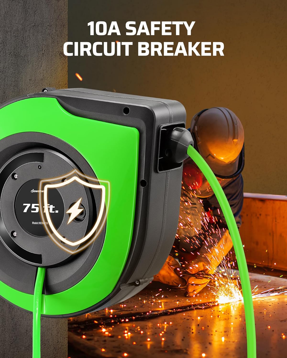 DEWENWILS Retractable Extension Cord Reel, 75 FT Heavy Duty Power Cord, 14/3C SJTOW Retractable Cord Reel, Lighted Triple Outlets, 10A Circuit Breaker, Wall/Ceiling Mount, UL Listed, Green
