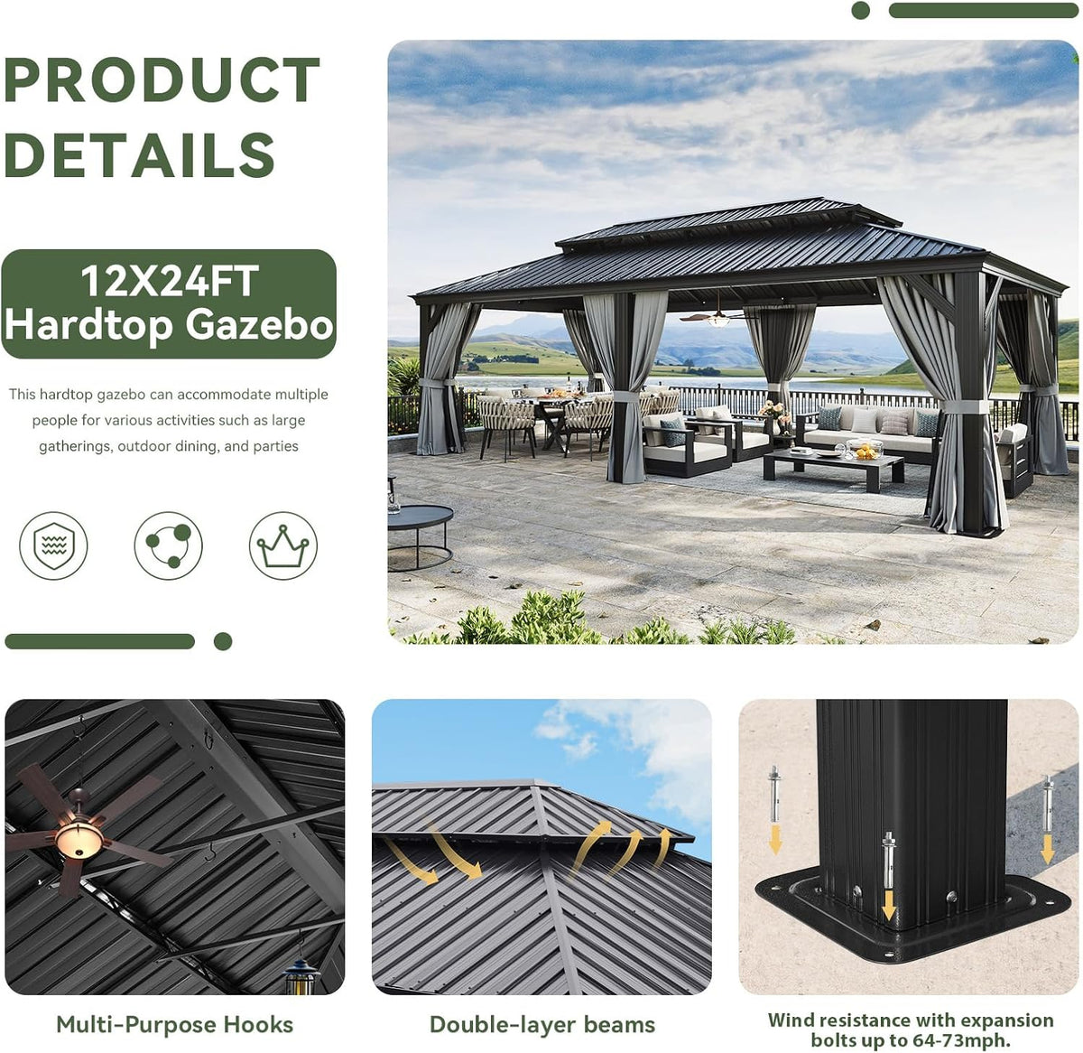 Aoxun 12' X 24' Hardtop Gazebo with Drainage System, Aluminum Outdoor Gazebo with Galvanized Steel Double Roof, Patio Permanent Metal Pavilion with 20 inch Ceiling Fan, for Garden, Deck, Grey