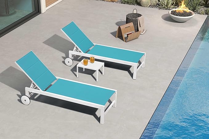 PURPLE LEAF Outdoor Chaise Lounge Set Staight Legs Adjustable Sunbathing Recliner with Side Table for Poolside Beach Outside Patio Aluminum Chaise Lounger Blue