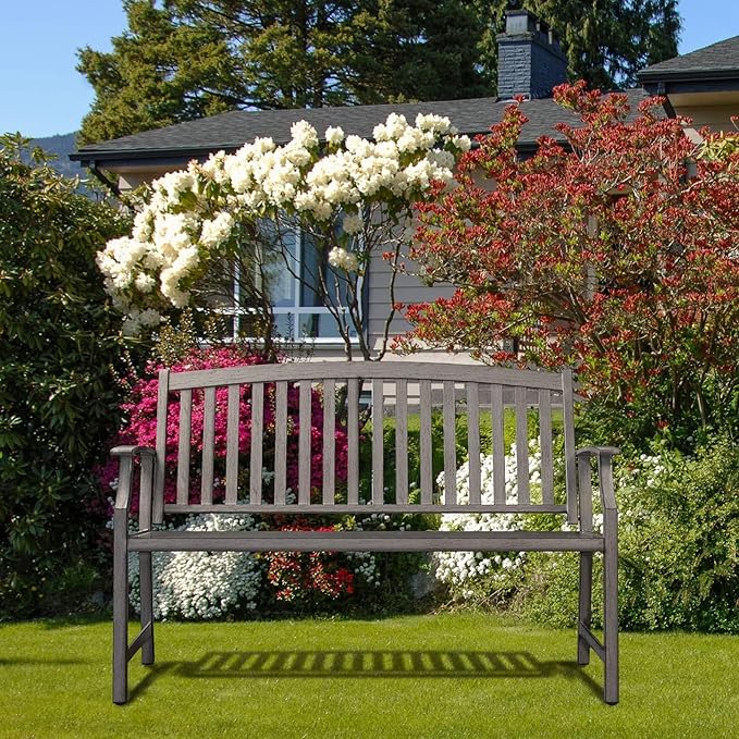 Grand patio 52" Farmhouse Outdoor Bench, Garden Benches with Rust Free Metal Powder Coated Frame and Aluminum Backrest, Faux Wood Grain Finish Frame Patio Bench for Front Porch, Weathered Grey