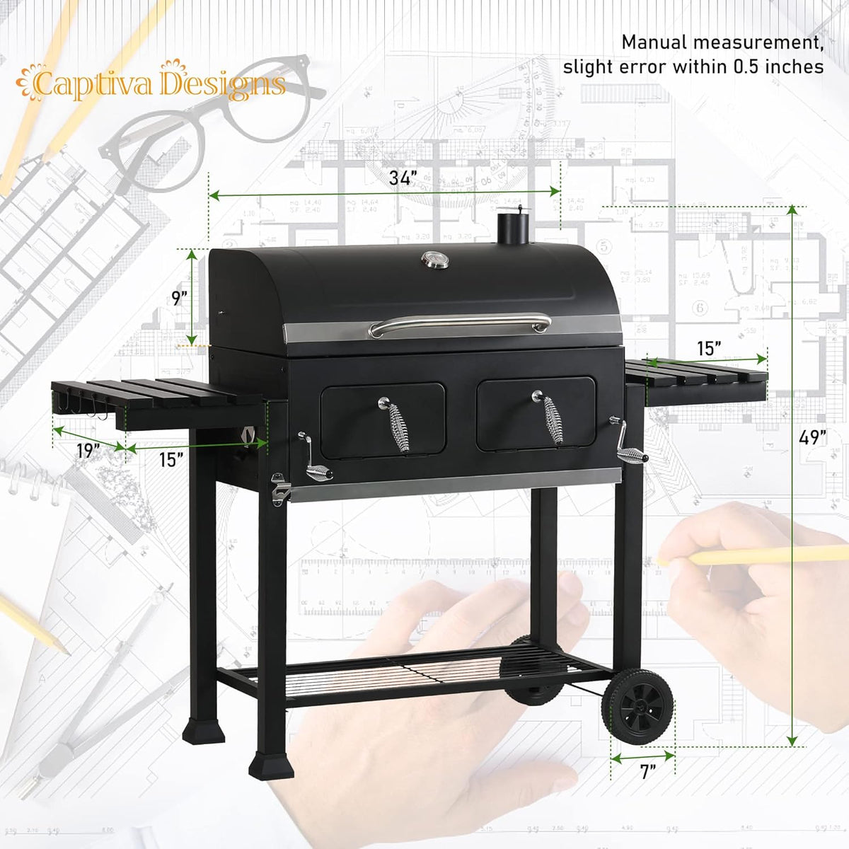 Captiva Designs Extra Large Charcoal BBQ Grill with Oversize Cooking Area(794 SQIN), Outdoor Cooking Grill with 2 Individual Lifting Charcoal Trays and 2 Foldable Side Tables