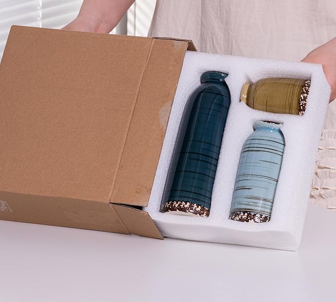 Ceramic Vase Set of 3, Farmhouse Decorative Vase for Pampas Grass, Living Room, Bathroom,Bookshelf, Centerpieces (Blue/Navy Blue/Yellow)