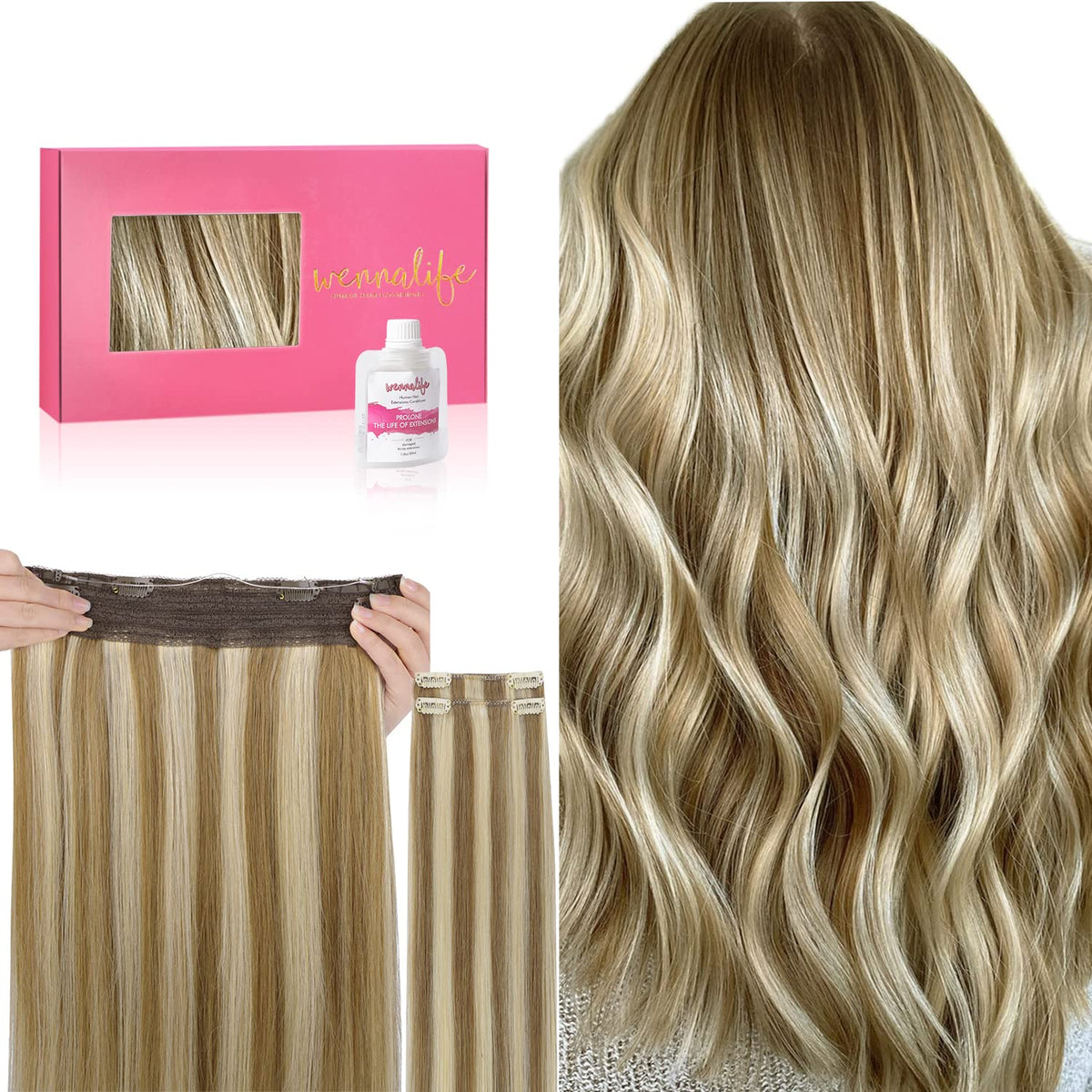 Wennalife Wire Hair Extensions (Increase 50% Lifespan) Real Human Hair 22 Inch 150G Ash Brown Highlighted Golden Blonde Remy Rea