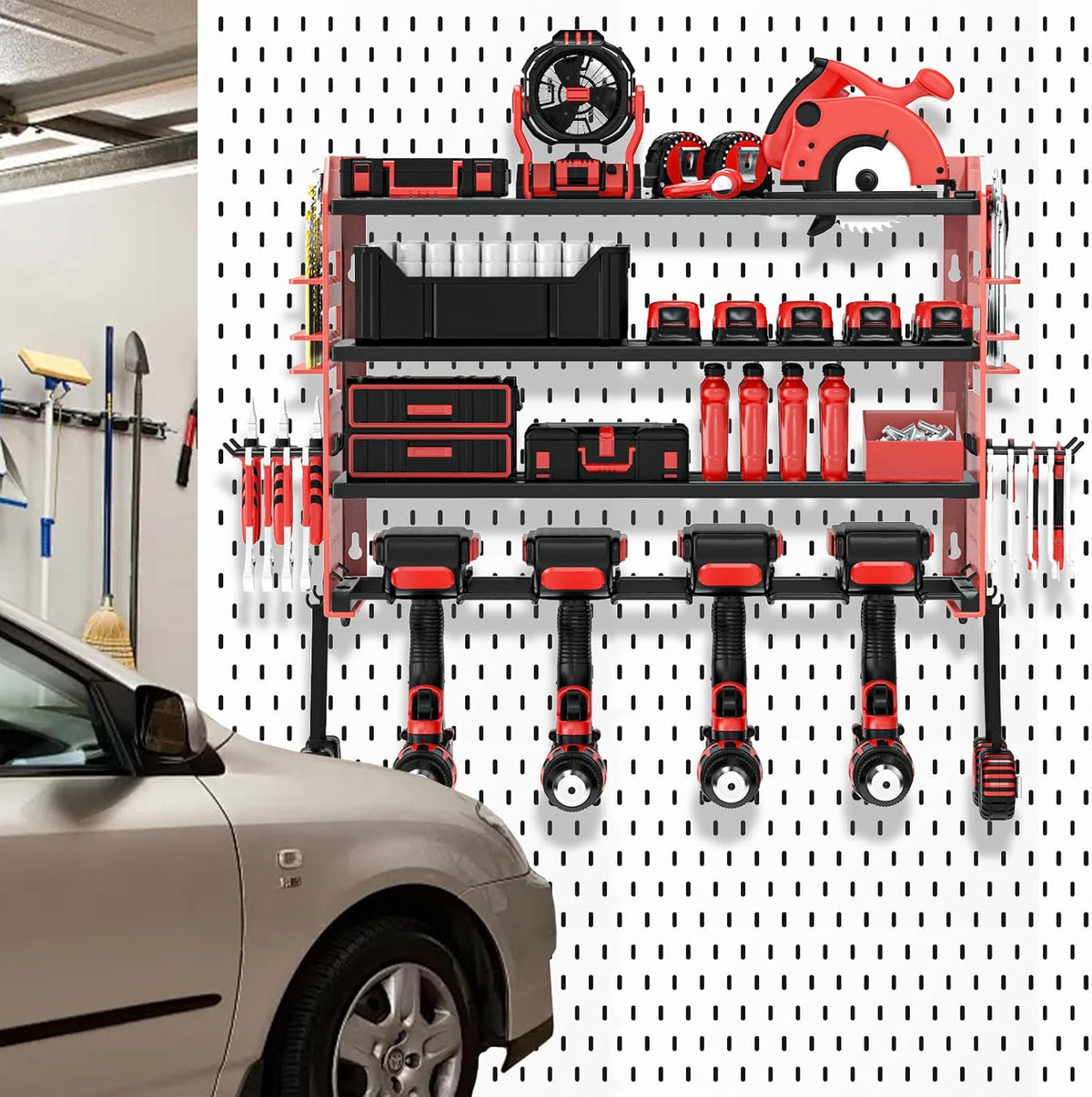 Power Tool Organizer Wall Mount, Red Metal Power Tool Storage Rack with Screwdriver Holder, Garage Tool Storage Shelves with Screwdriver Holder Plier Holder (Red, 4 Drills Holder)