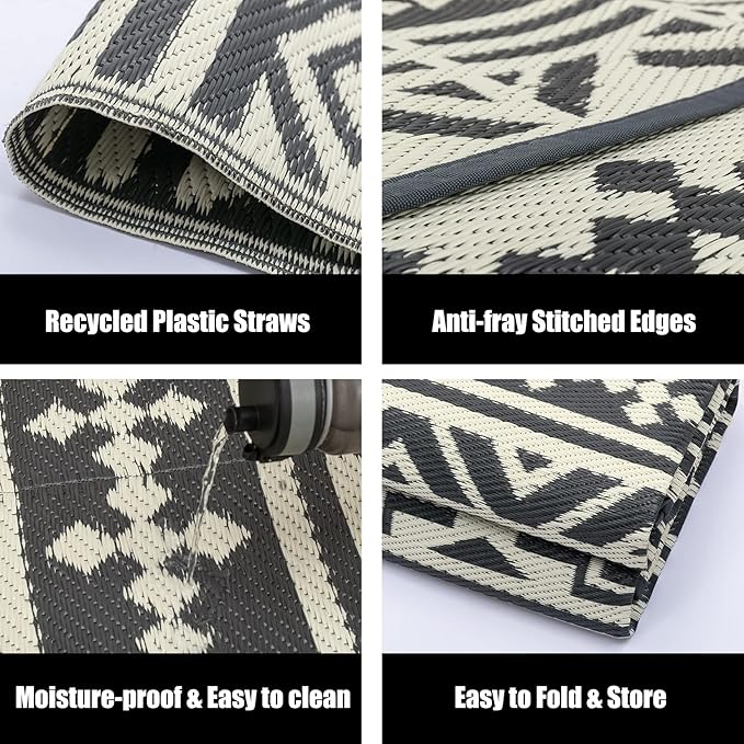 RV Waterproof Mat Outdoor Rugs 9'x12' for Patios Clearance Carpet Camping, Large Plastic Straw (9x12ft Geometric Boho Grey&White)