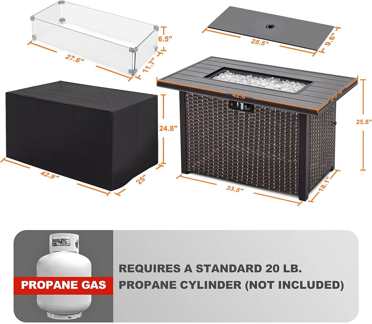 Nuu Garden Outdoor 43 Inch 50,000 BTU Propane Gas Fire Pit Table, Aluminum Tabletop and PE Rattan Weaved Steel Frame, Water-Proof Oxford Cover, Glass Fire Pit Wind Guard, Glass Beads, Lid, Dark Brown