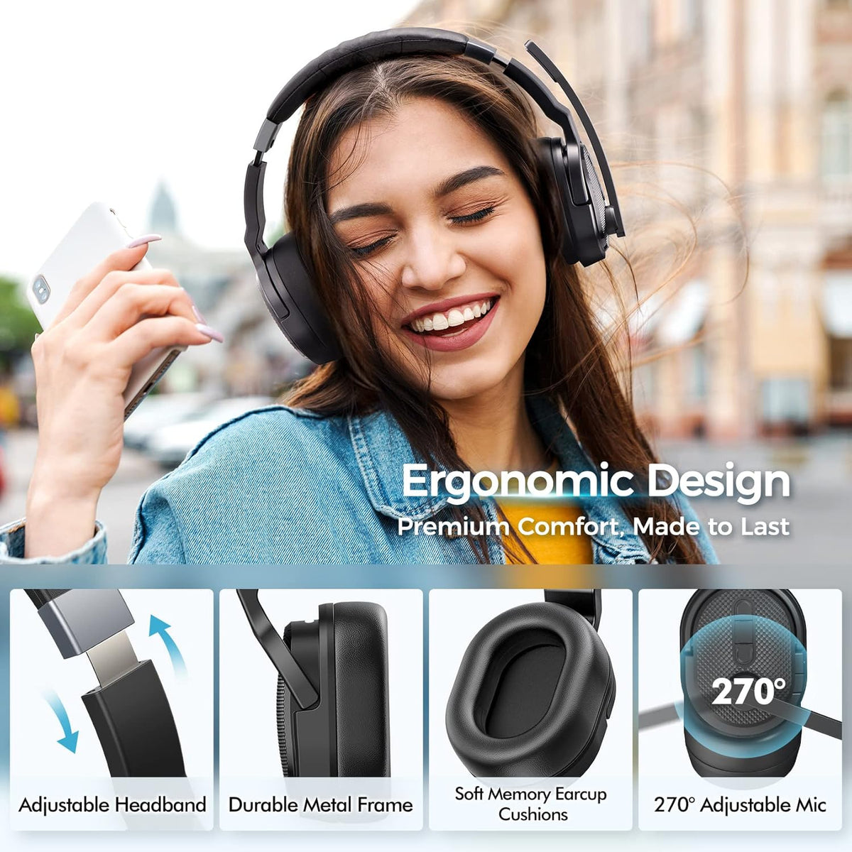 Trucker Bluetooth Headset, Wireless Headsets with Noise Cancelling Microphone, 50+Hrs HD Talktime Bluetooth Headphones with Detachable Earpad/Single+Dual Mode for Office/Driving/Home