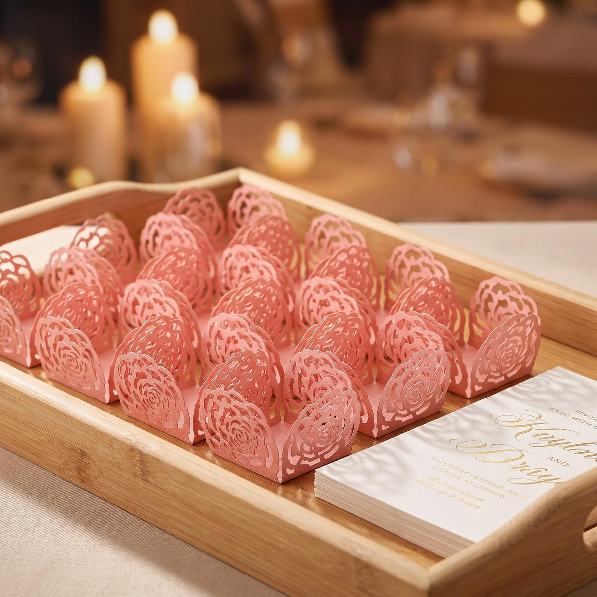 NUOBESTY 50Pcs Paper Chocolate Wrappers Truffle Cups Square Candy Packaging Wrappers Hollow-Out Dessert Paper Tray for Party Wedding Baby Shower