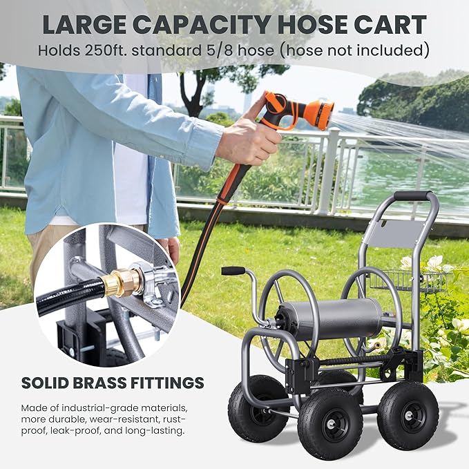 Giraffe Tools Hose Reel Cart, Hose Cart with Wheels Heavy Duty, Industrial Hose Reels for Outside, 250-Feet of 5/8" Hose Capacity, Hose Guide Pre-Installed