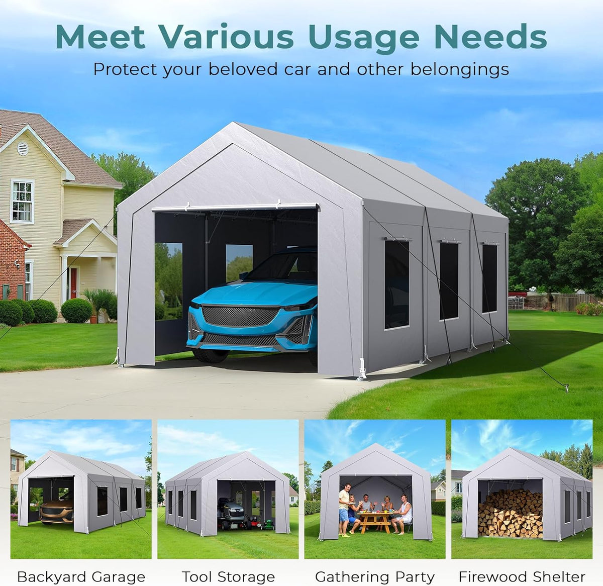 Carport 10x20 ft Heavy Duty, Car Port with Reinforced Steel Frame and 6 Roll-up Windows, Portable Garage with Sturdy Ground Nails, Waterproof All-Season Car Canopy for Boat, Truck, Grey