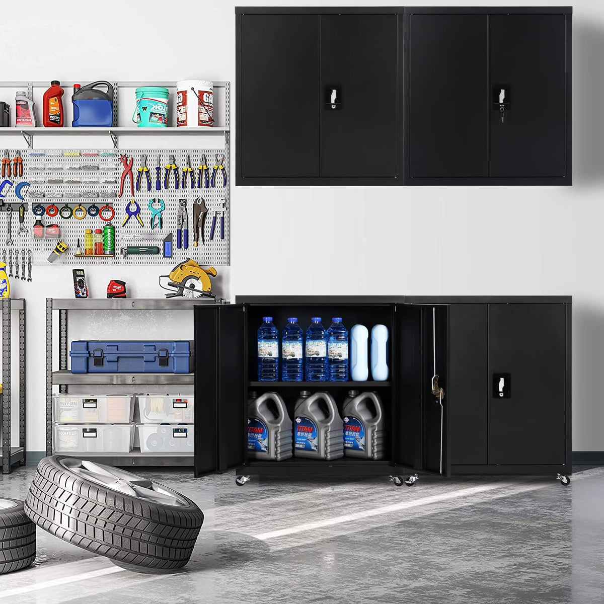 LUCYPAL Metal Storage Cabinet with Wheels,Steel Locking Storage Cabinet with Adjustable Shelves and 2 Doors,31.5" H Garage Cabinet for Home Office,Black