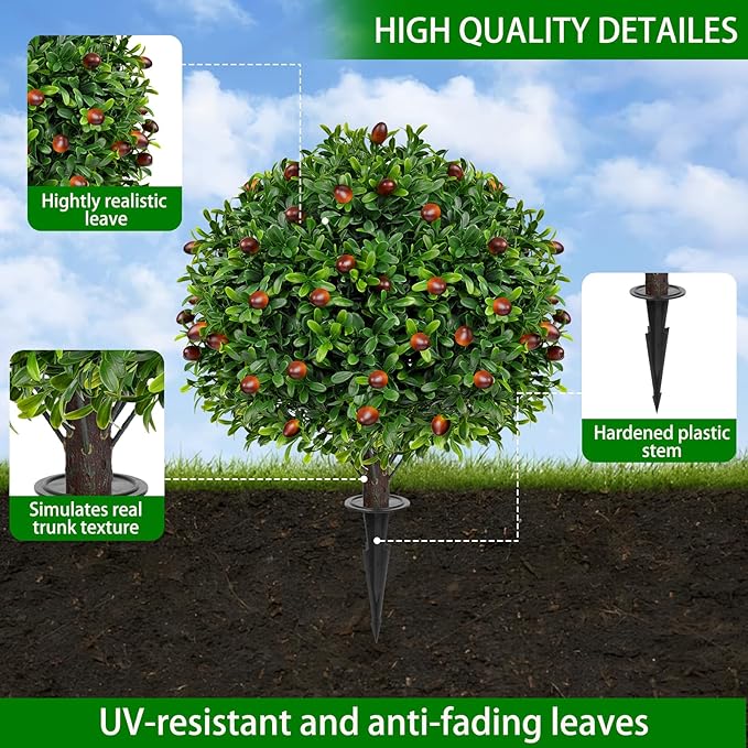 Artificial Olive Topiary Ball Trees with Ground Spike, Set of 2 UV Resistant Artificial Shrubs, Fake Evergreen Artificial Plant Bushes for Indoor Outdoor Front Porch Garden