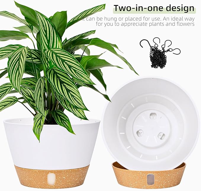 QCQHDU 2 Pack Hanging Planters for Indoor Outdoor Plants, 8 Inch Hanging Baskets Flower Pots with Reservoir Tray & Visible Water-Level