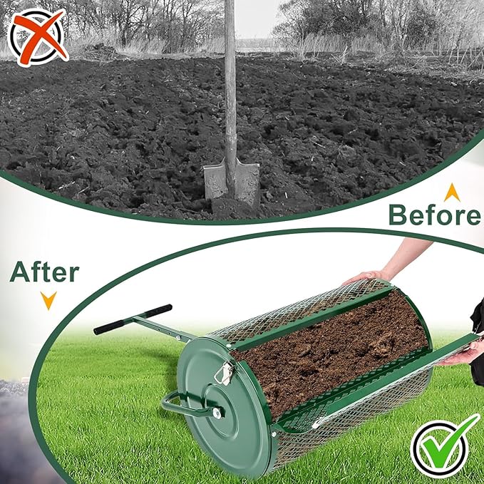 Compost Spreader, Durable Lawn Roller, Manure Spreader with Upgrade T Shaped Handle,Top Soil Spreader for Lawn and Garden Care Manure Spreaders Roller (12.5 Inch-T-Green-S)
