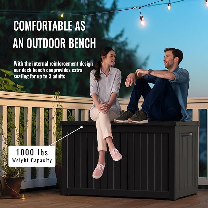 DRATO 230 Gallon Deck Box, Outdoor Large Waterproof Resin Storage Box with Lockable Lid for Patio Cushions, Gardening Tools, Sports Equipment, Black