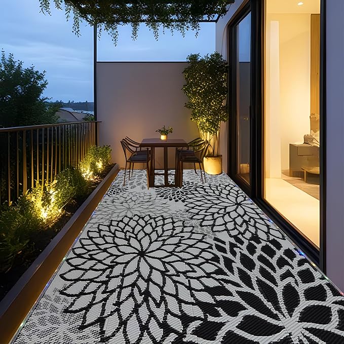 Outdoor Rug 8x10 ft with LED Light, Waterproof Reversible Outdoor Plastic Straw Rug for Patios Clearance, Large Outdoor Area Rug Carpet RV Mat for Camping Backyard Deck Porch Beach