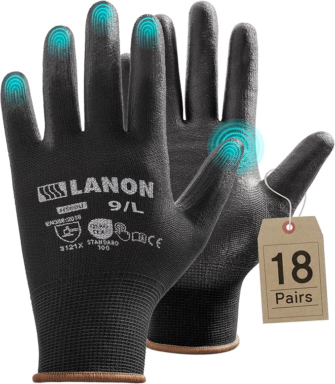 LANON Safety Work Gloves for Men and Women, 18 Pairs Mechanic Black Working Gloves with Grip Odorless PU Coated, Seamless Knit, Full Fingertip Touchscreen for Light Duty Working Gloves, Large
