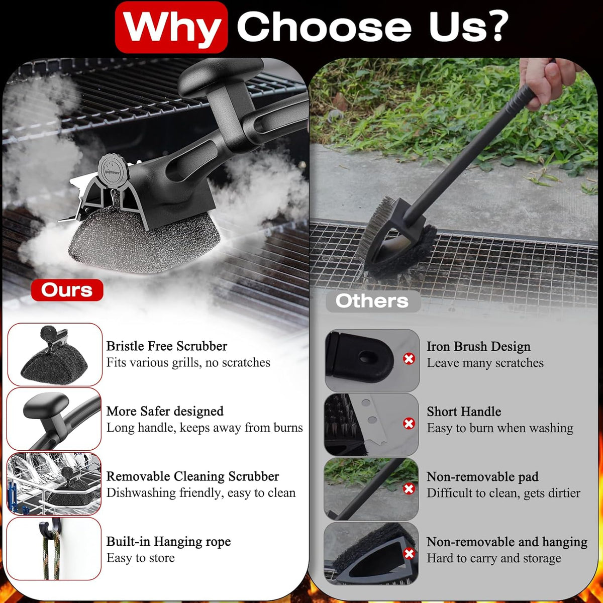Grill Brush for Outdoor BBQ - Replaceable Bristle Free Heading + Reinforced Scraper - Safe BBQ Accessories for Porcelain/Gas/Charcoal/Smoker/Cast Iron Grill - Cleaning Brush(Black)