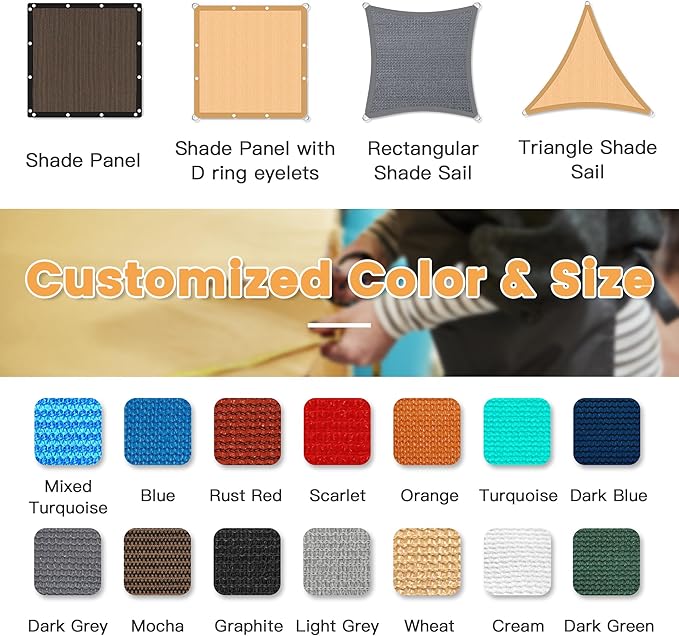 VICLLAX Shade Fabric Sun Shade Cloth with Every 2 FT Grommets for Patio Garden Pergola Cover Canopy 12x19 FT, Mixed Turquoise