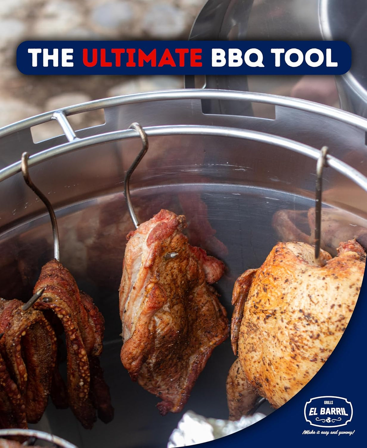 El Barril Lite Large Barrel Smoker Grill, Stainless Steel 430, 45 lb Capacity, 14 Meat Hooks, Upper Grill and Handler, Outdoor Vertical Charcoal BBQ (Lite 45LBS Large)
