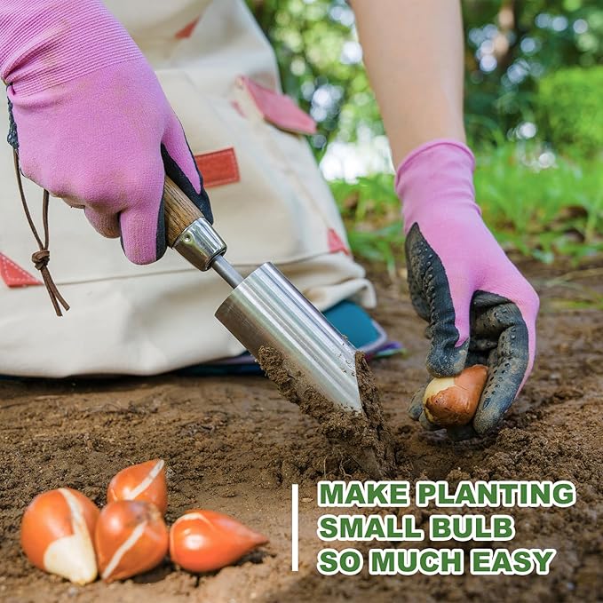 Haliaeetus Small Bulb Planter Tool, Sharp Edge Bulb Planter for Breaking Through Soil, Heavy Duty Stainless Steel Bulb Planter Tool, Small Bulb Digger with Comfortable Wood Handle for Seed Planting