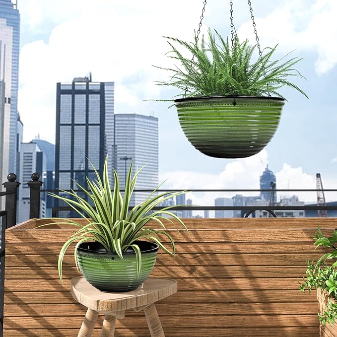 10 Inch Hanging Planter, 2 Pack Hanging Planters for Indoor Outdoor Plants Self Watering Hanging Pots with Drainage Holes for Garden Home (Green)
