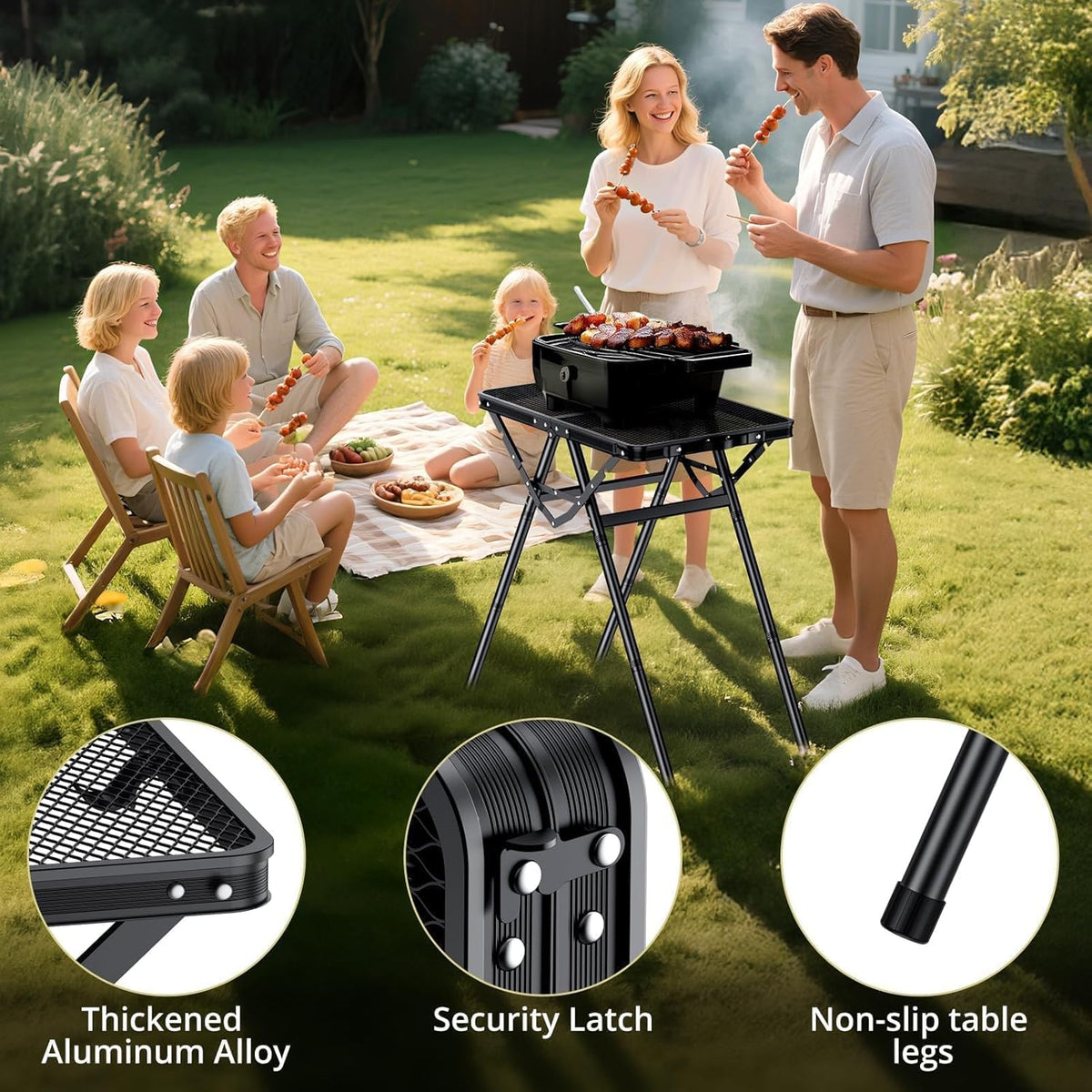 2ft Sturdy Folding Grill Table, Supports 180 Lbs, 2 Adjustable Height 28” Portable Grill Table, Heat-Resistant Tabletop, Folding Metal Table for Camping BBQ Cooking Backyard, 24" X 16", Black