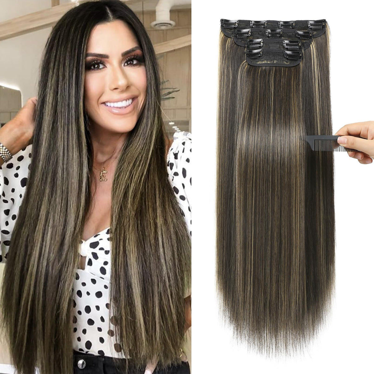 Reecho 20'' Straight Long 4 Pcs Set Thick Clip In On Hair Extensions Dark Brown With Blonde Highlights