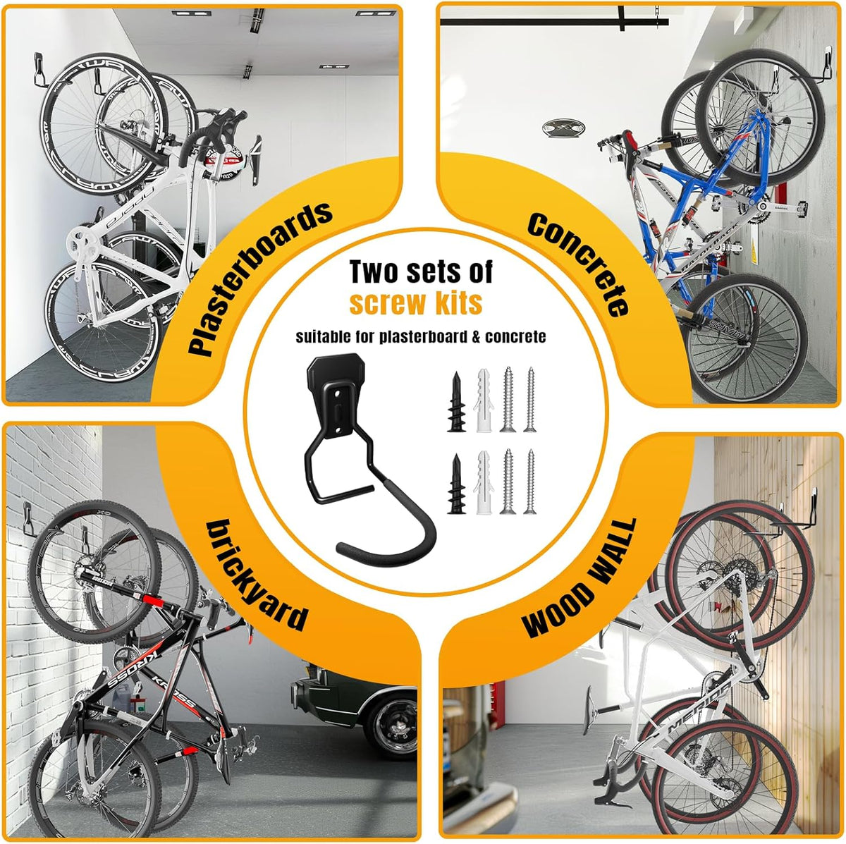 Wall Mount Bike Hooks Bike Hooks for Garage Vertical Bike Hanger for Indoor Use Heavy Duty with 8mm Thick Steel Frame 6PCS Storage System Black