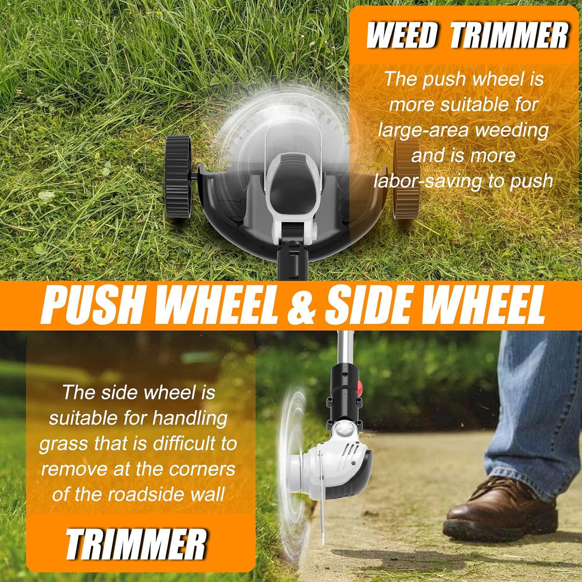 Electric Weed Wacker Cordless Eater, Battery Powered No String Grass Trimmer with 2 21V/4Ah Battery Operated&3 Types Blade&Wheels, Lightweight Weed Trimmer/Edger Lawn Tool for Garden Yard