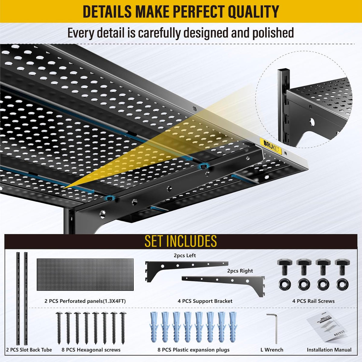 2 Tier 1.3x4ft Garage Shelving Wall Mounted, 400 lbs Load Capacity,15.6x48inch per Shelf Height Cassette Adjustable Floating Shelves(Black)