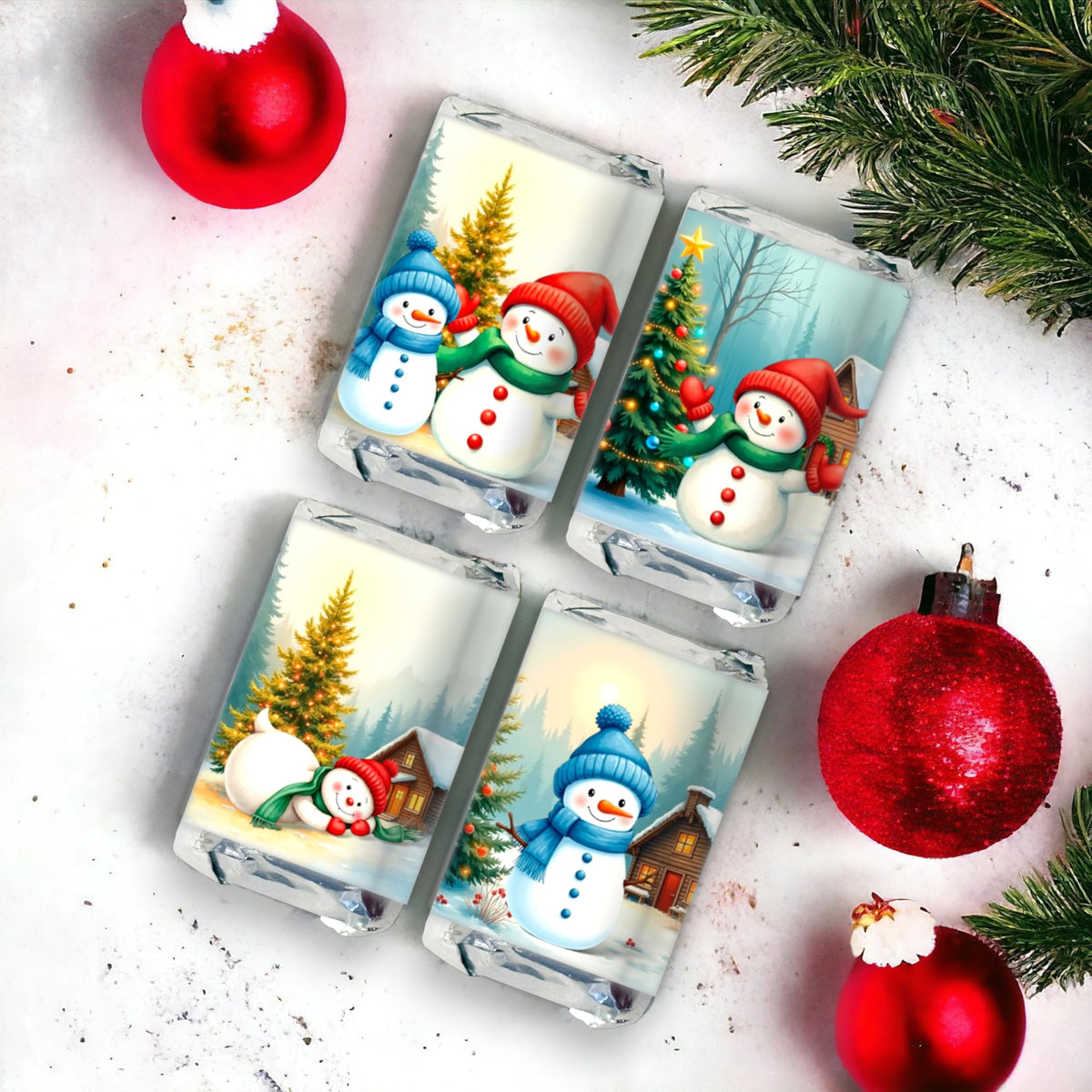 ArtPaperWonders Snowman Christmas New Year Candy Bar Wrappers for Miniature Chocolate, Christmas Holiday Party Decoration